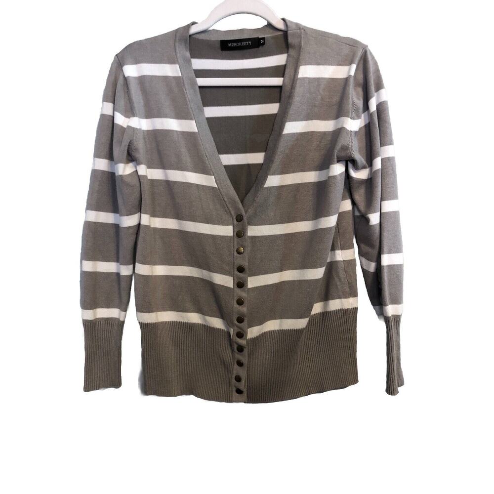 Merokeety Womens Top Medium Long Sleeve Striped V-Neck Shirt Cardigan‎ Snap